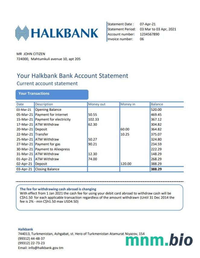 Wyciąg z banku Turkmenistan HalkBank, szablon Excel i PDF